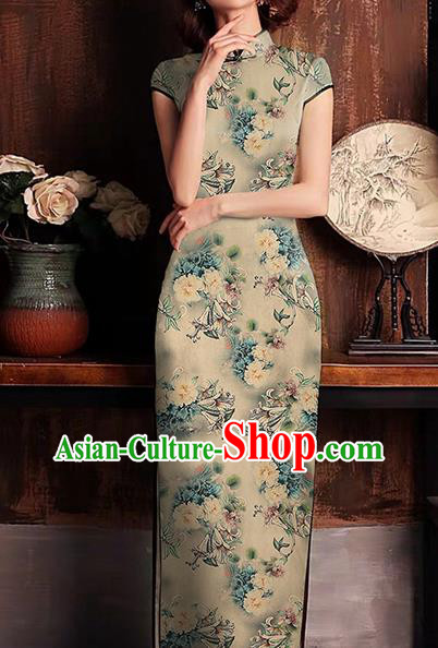 Chinese Traditional Qipao Dress Brocade Satin Fabric Classical Peony Pattern Beige Silk Drapery Chinese Traditional Qipao Dress Brocade Satin Fabric Classical Peony Pattern Beige Silk Drapery