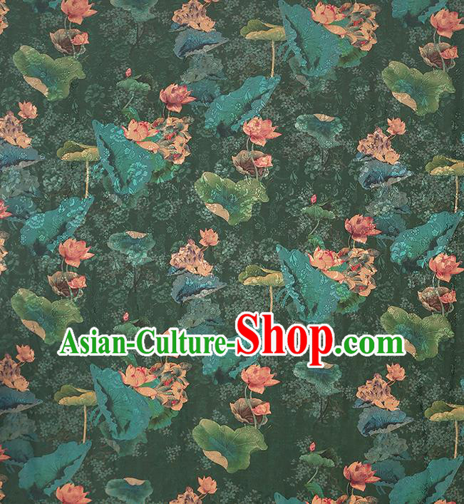 Chinese Classical Lotus Pattern Silk Drapery Qipao Dress Deep Green Satin Traditional Brocade Fabric Chinese Classical Lotus Pattern Silk Drapery Qipao Dress Deep Green Satin Traditional Brocade Fabric