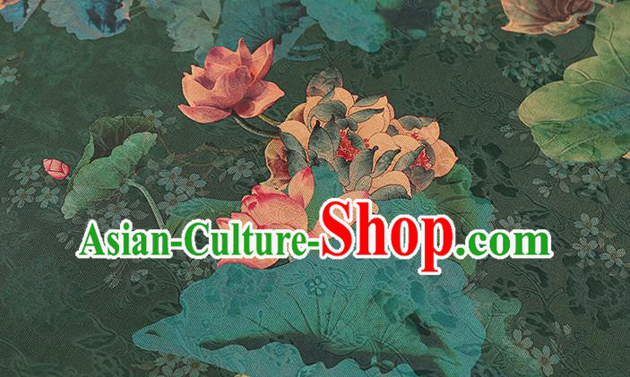 Chinese Classical Lotus Pattern Silk Drapery Qipao Dress Deep Green Satin Traditional Brocade Fabric Chinese Classical Lotus Pattern Silk Drapery Qipao Dress Deep Green Satin Traditional Brocade Fabric