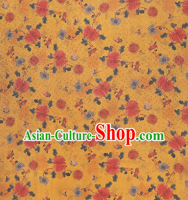 Chinese Qipao Dress Golden Satin Traditional Brocade Fabric Classical Chrysanthemum Pattern Silk Drapery Chinese Qipao Dress Golden Satin Traditional Brocade Fabric Classical Chrysanthemum Pattern Silk Drapery