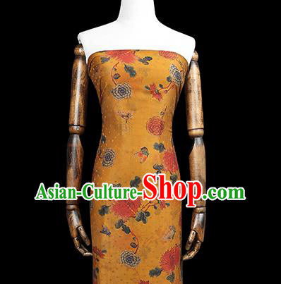 Chinese Qipao Dress Golden Satin Traditional Brocade Fabric Classical Chrysanthemum Pattern Silk Drapery Chinese Qipao Dress Golden Satin Traditional Brocade Fabric Classical Chrysanthemum Pattern Silk Drapery