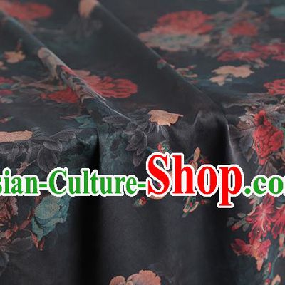 Chinese Traditional Black Brocade Fabric Classical Peony Pattern Silk Drapery Qipao Dress Gambiered Guangdong Gauze