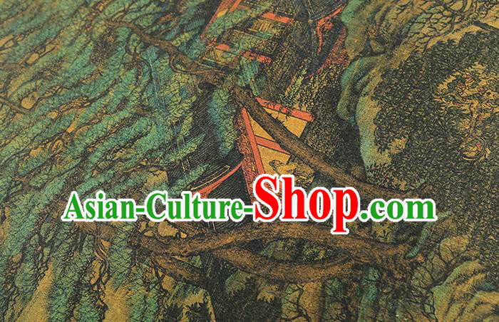 Chinese Satin Fabric Classical Landscape Pattern Yellow Silk Drapery Traditional Qipao Dress Brocade Chinese Satin Fabric Classical Landscape Pattern Yellow Silk Drapery Traditional Qipao Dress Brocade