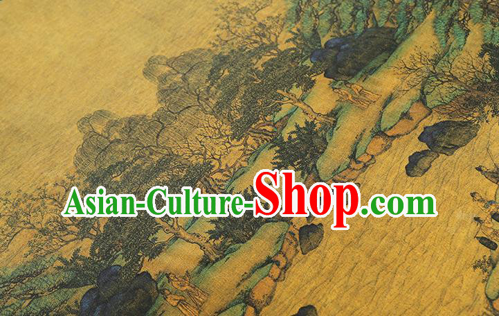 Chinese Satin Fabric Classical Landscape Pattern Yellow Silk Drapery Traditional Qipao Dress Brocade Chinese Satin Fabric Classical Landscape Pattern Yellow Silk Drapery Traditional Qipao Dress Brocade