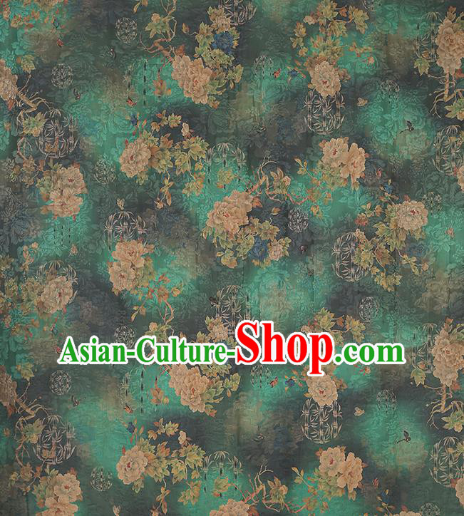 Chinese Classical Peony Pattern Green Silk Drapery Traditional Qipao Dress Gambiered Guangdong Gauze Fabric Chinese Classical Peony Pattern Green Silk Drapery Traditional Qipao Dress Gambiered Guangdong Gauze Fabric