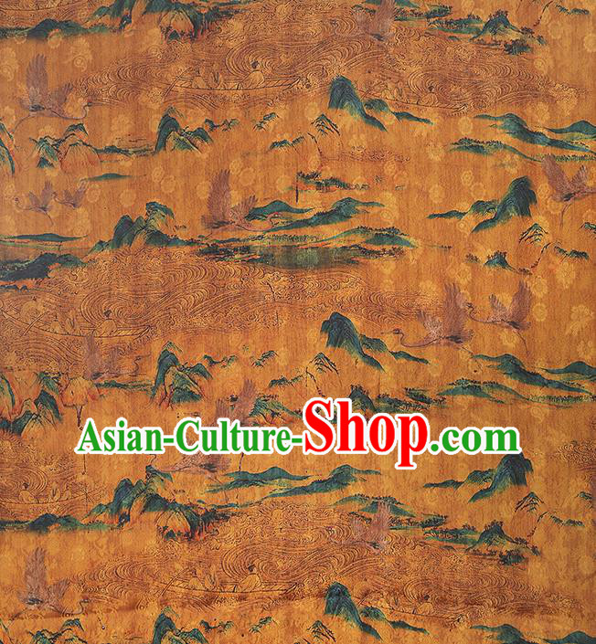 Chinese Qipao Dress Yellow Gambiered Guangdong Gauze Fabric Traditional Classical Landscape Pattern Silk Drapery Chinese Qipao Dress Yellow Gambiered Guangdong Gauze Fabric Traditional Classical Landscape Pattern Silk Drapery