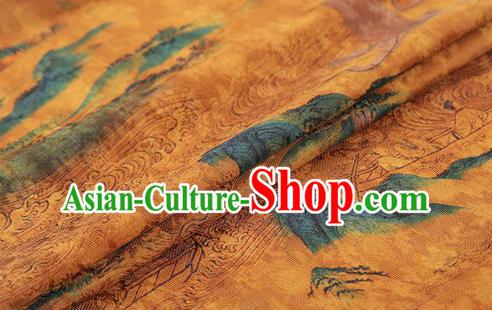 Chinese Qipao Dress Yellow Gambiered Guangdong Gauze Fabric Traditional Classical Landscape Pattern Silk Drapery Chinese Qipao Dress Yellow Gambiered Guangdong Gauze Fabric Traditional Classical Landscape Pattern Silk Drapery