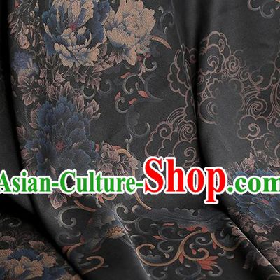 Chinese Classical Peony Pattern Silk Drapery Traditional Qipao Dress Black Gambiered Guangdong Gauze Fabric