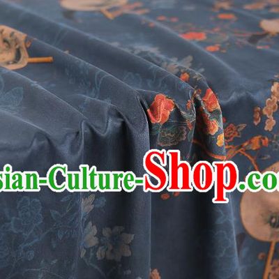 Chinese Classical Plum Blossom Fan Pattern Silk Fabric Navy Gambiered Guangdong Gauze Traditional Qipao Dress Brocade Cloth