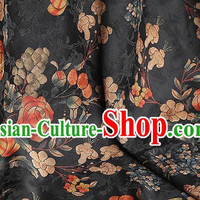 Chinese Classical Dahlia Pattern Silk Drapery Black Gambiered Guangdong Gauze Traditional Qipao Dress Fabric
