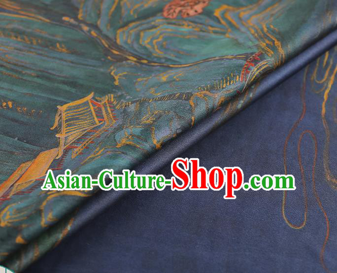 Chinese Traditional Blue Gambiered Guangdong Gauze Qipao Dress Cloth Classical Landscape Pattern Silk Fabric Chinese Traditional Blue Gambiered Guangdong Gauze Qipao Dress Cloth Classical Landscape Pattern Silk Fabric
