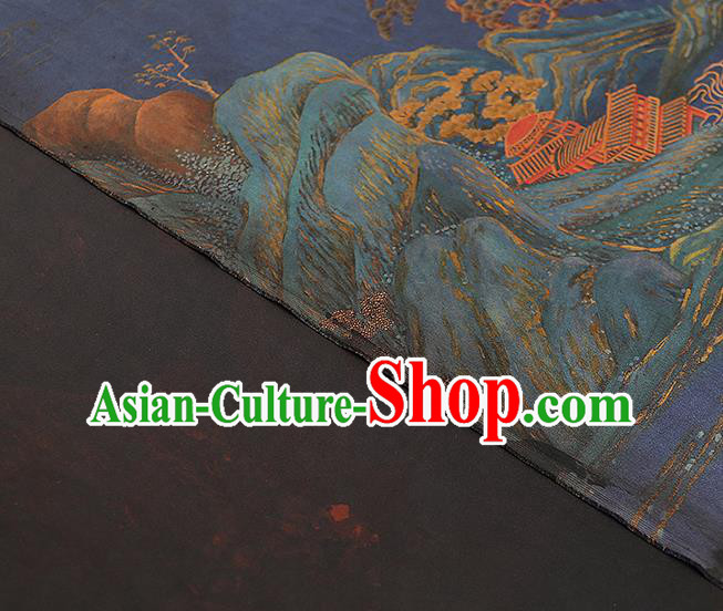 Chinese Traditional Blue Gambiered Guangdong Gauze Qipao Dress Cloth Classical Landscape Pattern Silk Fabric Chinese Traditional Blue Gambiered Guangdong Gauze Qipao Dress Cloth Classical Landscape Pattern Silk Fabric