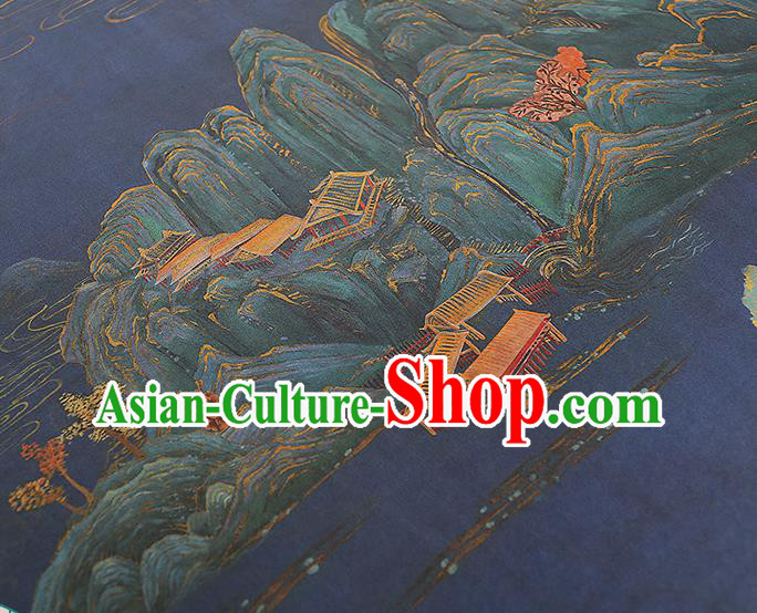 Chinese Traditional Blue Gambiered Guangdong Gauze Qipao Dress Cloth Classical Landscape Pattern Silk Fabric Chinese Traditional Blue Gambiered Guangdong Gauze Qipao Dress Cloth Classical Landscape Pattern Silk Fabric