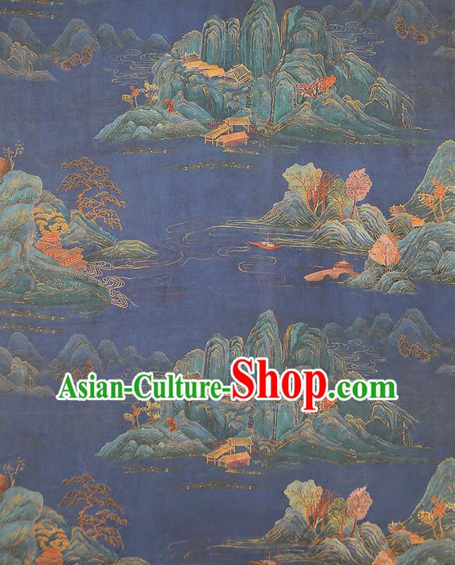 Chinese Traditional Blue Gambiered Guangdong Gauze Qipao Dress Cloth Classical Landscape Pattern Silk Fabric Chinese Traditional Blue Gambiered Guangdong Gauze Qipao Dress Cloth Classical Landscape Pattern Silk Fabric