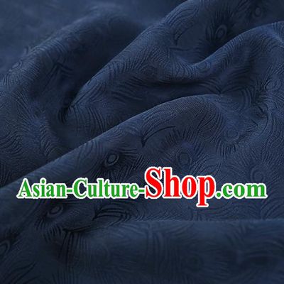 Chinese Qipao Dress Jacquard Navy Blue Satin Cloth Classical Feather Pattern Silk Fabric Traditional Gambiered Guangdong Gauze