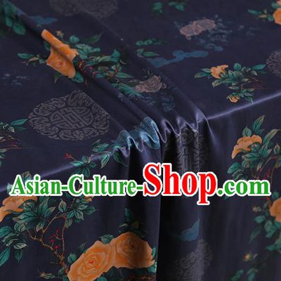 Chinese Traditional Cheongsam Deep Blue Brocade Material Classical Roses Pattern Silk Fabric
