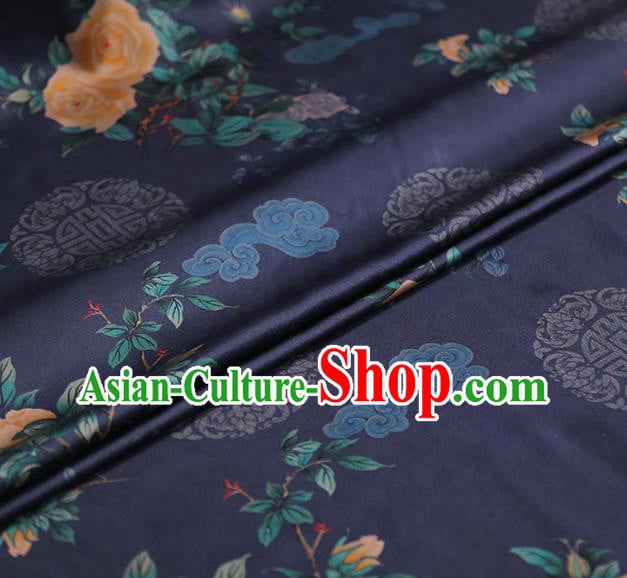 Chinese Traditional Cheongsam Deep Blue Brocade Material Classical Roses Pattern Silk Fabric Chinese Traditional Cheongsam Deep Blue Brocade Material Classical Roses Pattern Silk Fabric