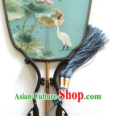 China Handmade Embroidered Crane Lotus Fans Ancient Princess Palace Fan Traditional Hanfu Green Silk Fan