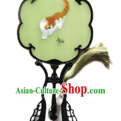 China Ancient Princess Palace Fan Traditional Hanfu Green Silk Fan Handmade Embroidered Cat Fan