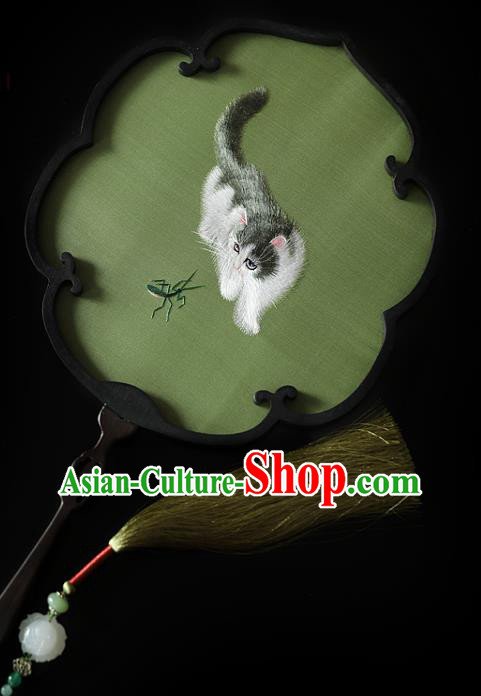 China Ancient Princess Palace Fan Traditional Hanfu Green Silk Fan Handmade Embroidered Cat Fan China Ancient Princess Palace Fan Traditional Hanfu Green Silk Fan Handmade Embroidered Cat Fan