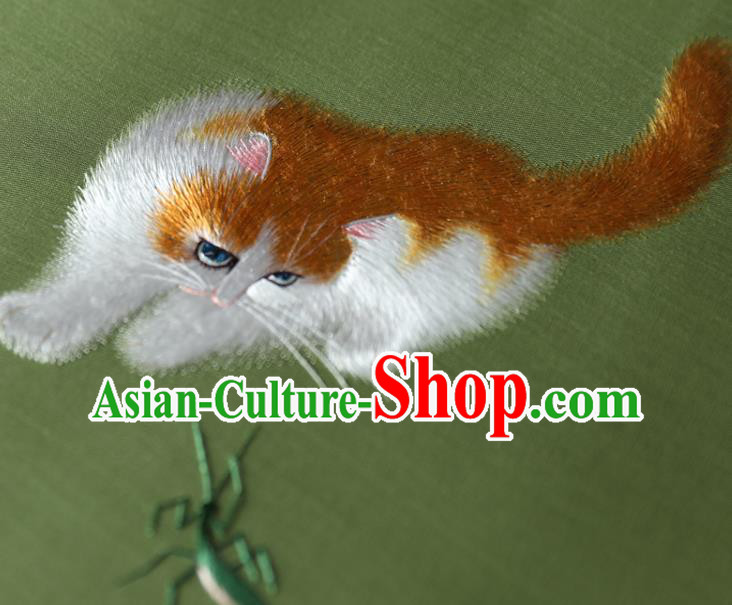 China Ancient Princess Palace Fan Traditional Hanfu Green Silk Fan Handmade Embroidered Cat Fan China Ancient Princess Palace Fan Traditional Hanfu Green Silk Fan Handmade Embroidered Cat Fan