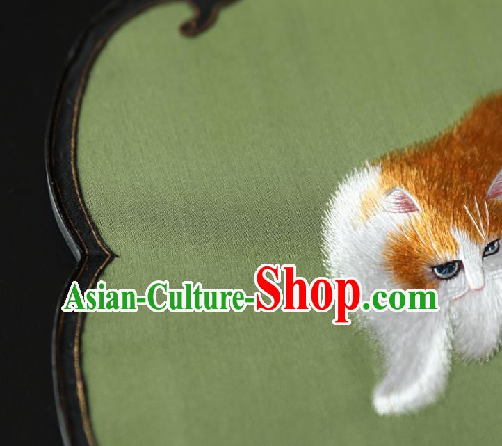 China Ancient Princess Palace Fan Traditional Hanfu Green Silk Fan Handmade Embroidered Cat Fan China Ancient Princess Palace Fan Traditional Hanfu Green Silk Fan Handmade Embroidered Cat Fan