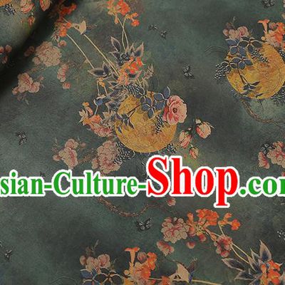 Chinese Classical Moon Flowers Pattern Green Gambiered Guangdong Gauze Drapery Traditional Qipao Dress Silk Fabric