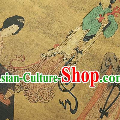 Chinese Classical Palace Lady Pattern Gambiered Guangdong Gauze Drapery Traditional Qipao Dress Yellow Silk Fabric