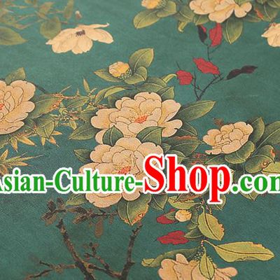 Chinese Gambiered Guangdong Gauze Qipao Dress Brocade Fabric Traditional Classical Camellia Pattern Green Silk Drapery