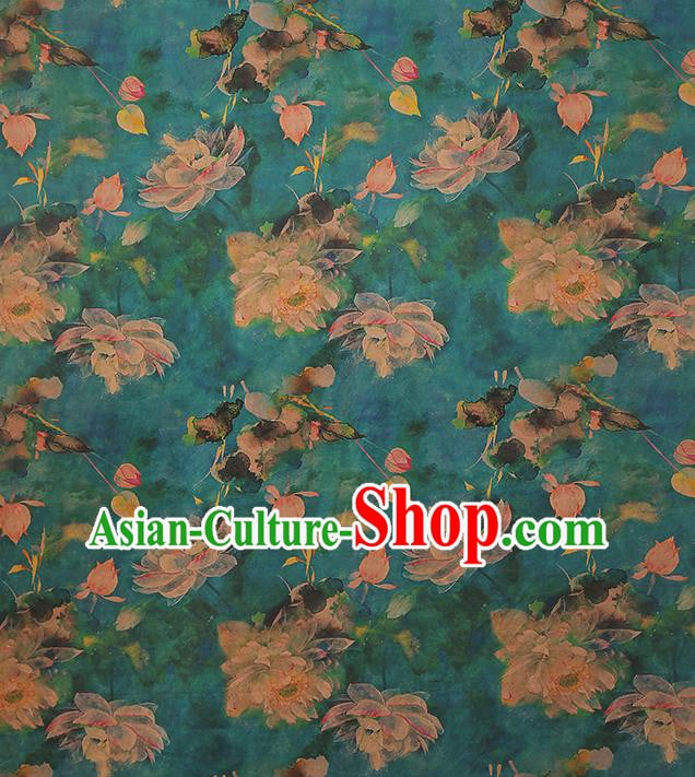 Chinese Classical Lotus Pattern Green Drapery Traditional Qipao Dress Silk Fabric Gambiered Guangdong Gauze Chinese Classical Lotus Pattern Green Drapery Traditional Qipao Dress Silk Fabric Gambiered Guangdong Gauze