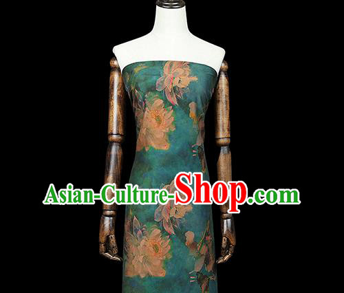 Chinese Classical Lotus Pattern Green Drapery Traditional Qipao Dress Silk Fabric Gambiered Guangdong Gauze Chinese Classical Lotus Pattern Green Drapery Traditional Qipao Dress Silk Fabric Gambiered Guangdong Gauze