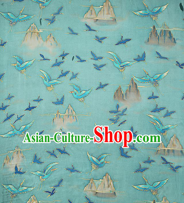 Chinese Traditional Qipao Dress Blue Silk Fabric Classical Printing Cranes Gambiered Guangdong Gauze Chinese Traditional Qipao Dress Blue Silk Fabric Classical Printing Cranes Gambiered Guangdong Gauze