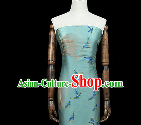 Chinese Traditional Qipao Dress Blue Silk Fabric Classical Printing Cranes Gambiered Guangdong Gauze Chinese Traditional Qipao Dress Blue Silk Fabric Classical Printing Cranes Gambiered Guangdong Gauze
