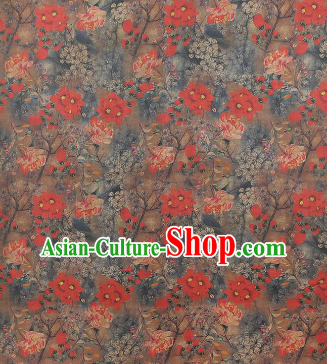 Chinese Classical Red Flowers Pattern Gambiered Guangdong Gauze Traditional Qipao Dress Grey Silk Fabric Chinese Classical Red Flowers Pattern Gambiered Guangdong Gauze Traditional Qipao Dress Grey Silk Fabric
