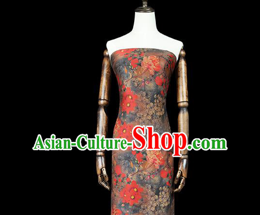 Chinese Classical Red Flowers Pattern Gambiered Guangdong Gauze Traditional Qipao Dress Grey Silk Fabric Chinese Classical Red Flowers Pattern Gambiered Guangdong Gauze Traditional Qipao Dress Grey Silk Fabric