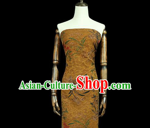 Chinese Classical Orchids Pattern Gambiered Guangdong Gauze Traditional Qipao Dress Ginger Silk Fabric Chinese Classical Orchids Pattern Gambiered Guangdong Gauze Traditional Qipao Dress Ginger Silk Fabric