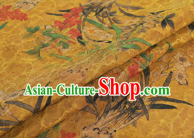 Chinese Classical Orchids Pattern Gambiered Guangdong Gauze Traditional Qipao Dress Ginger Silk Fabric Chinese Classical Orchids Pattern Gambiered Guangdong Gauze Traditional Qipao Dress Ginger Silk Fabric