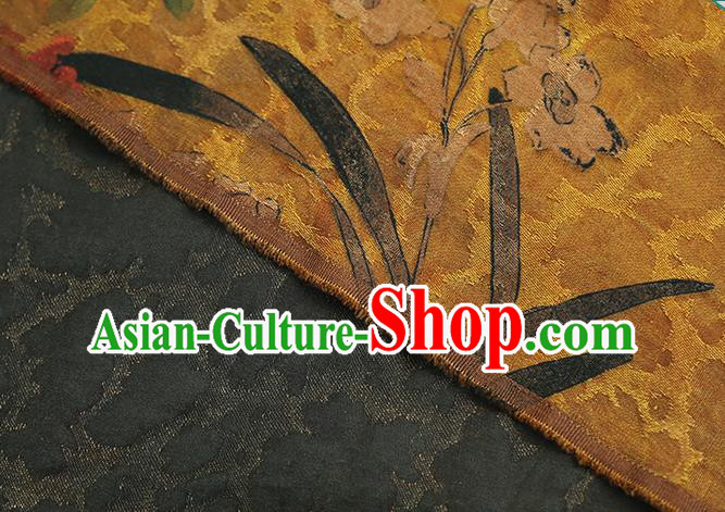 Chinese Classical Orchids Pattern Gambiered Guangdong Gauze Traditional Qipao Dress Ginger Silk Fabric Chinese Classical Orchids Pattern Gambiered Guangdong Gauze Traditional Qipao Dress Ginger Silk Fabric