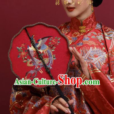 China Ancient Wedding Bride Fan Handmade Embroidered Phoenix Fans Traditional Hanfu Red Silk Palace Fan