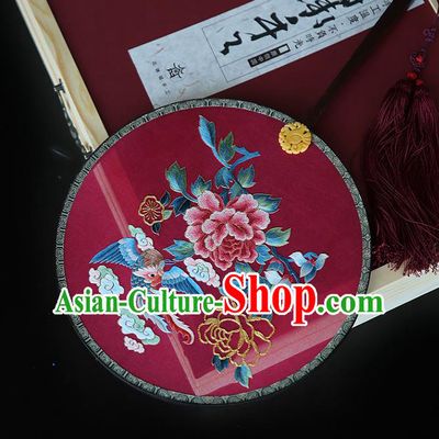 China Handmade Embroidered Phoenix Peony Circular Fans Traditional Hanfu Palace Fan Ancient Court Princess Wine Red Silk Fan