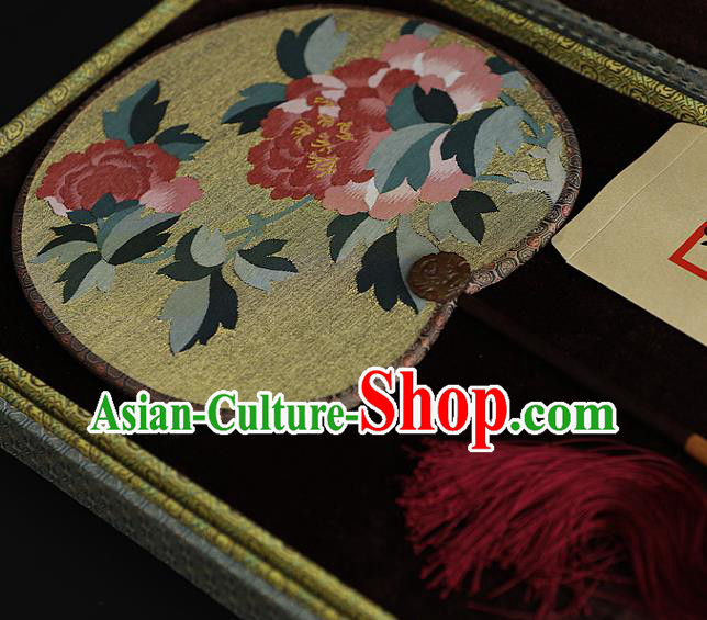 China Peony Pattern Yellow Silk Fan Traditional Hanfu Palace Fan Handmade Ebony Fans China Peony Pattern Yellow Silk Fan Traditional Hanfu Palace Fan Handmade Ebony Fans