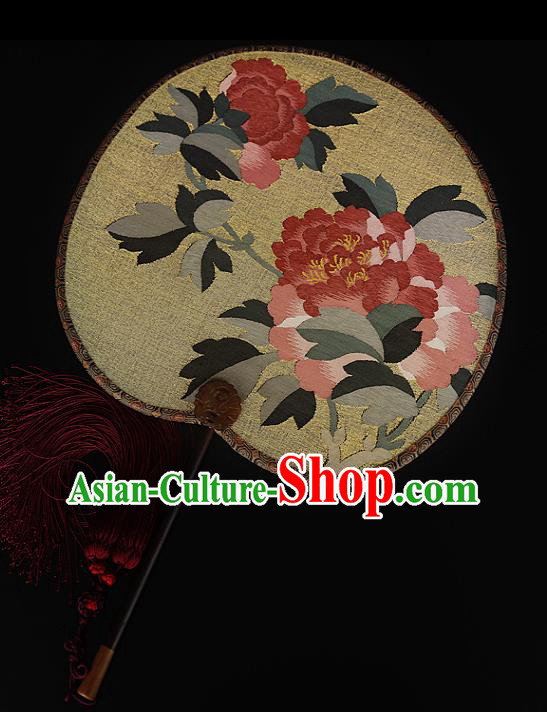 China Peony Pattern Yellow Silk Fan Traditional Hanfu Palace Fan Handmade Ebony Fans China Peony Pattern Yellow Silk Fan Traditional Hanfu Palace Fan Handmade Ebony Fans