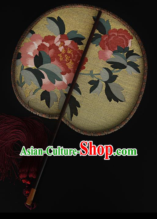 China Peony Pattern Yellow Silk Fan Traditional Hanfu Palace Fan Handmade Ebony Fans China Peony Pattern Yellow Silk Fan Traditional Hanfu Palace Fan Handmade Ebony Fans