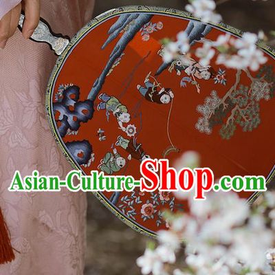 China Handmade Hanfu Fans Embroidered Children Red Silk Fan Traditional Wedding Palace Fan