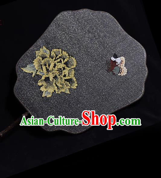 China Traditional Wedding Palace Fan Handmade Hanfu Fans Peony Pattern Black Silk Fan China Traditional Wedding Palace Fan Handmade Hanfu Fans Peony Pattern Black Silk Fan