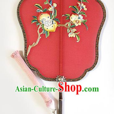China Handmade Fans Traditional Hanfu Red Silk Fan Wedding Embroidered Peach Palace Fan
