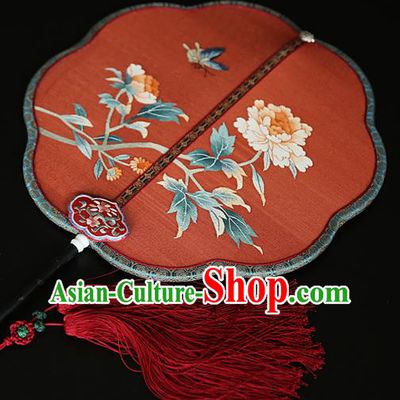 China Handmade Peony Pattern Palace Fan Wedding Red Silk Fan Traditional Court Hanfu Fan