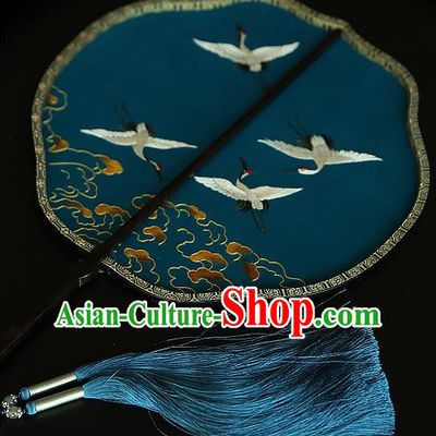 China Handmade Embroidered Cranes Palace Fan Traditional Court Hanfu Fan Wedding Blue Silk Fan