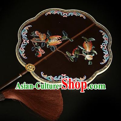 China Handmade Embroidered Chrysanthemum Palace Fan Traditional Court Hanfu Fan Wedding Black Silk Fan