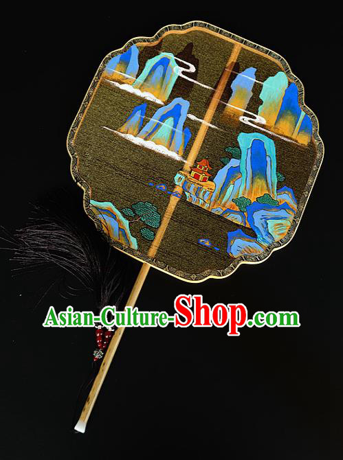 China Ancient Hanfu Palace Fan Traditional Wedding Black Silk Fans Handmade Landscape Painting Fan